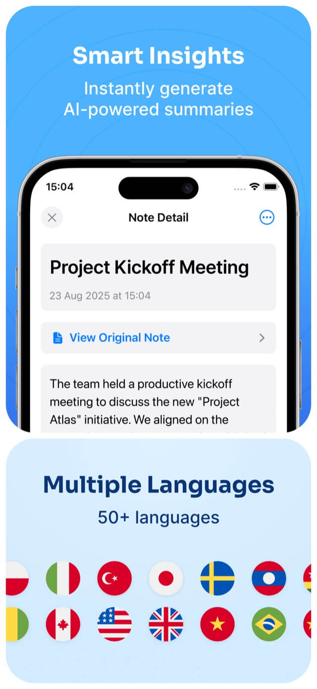 AI Meeting Notes showing an AI summary of a meeting, with 50+ supported languages