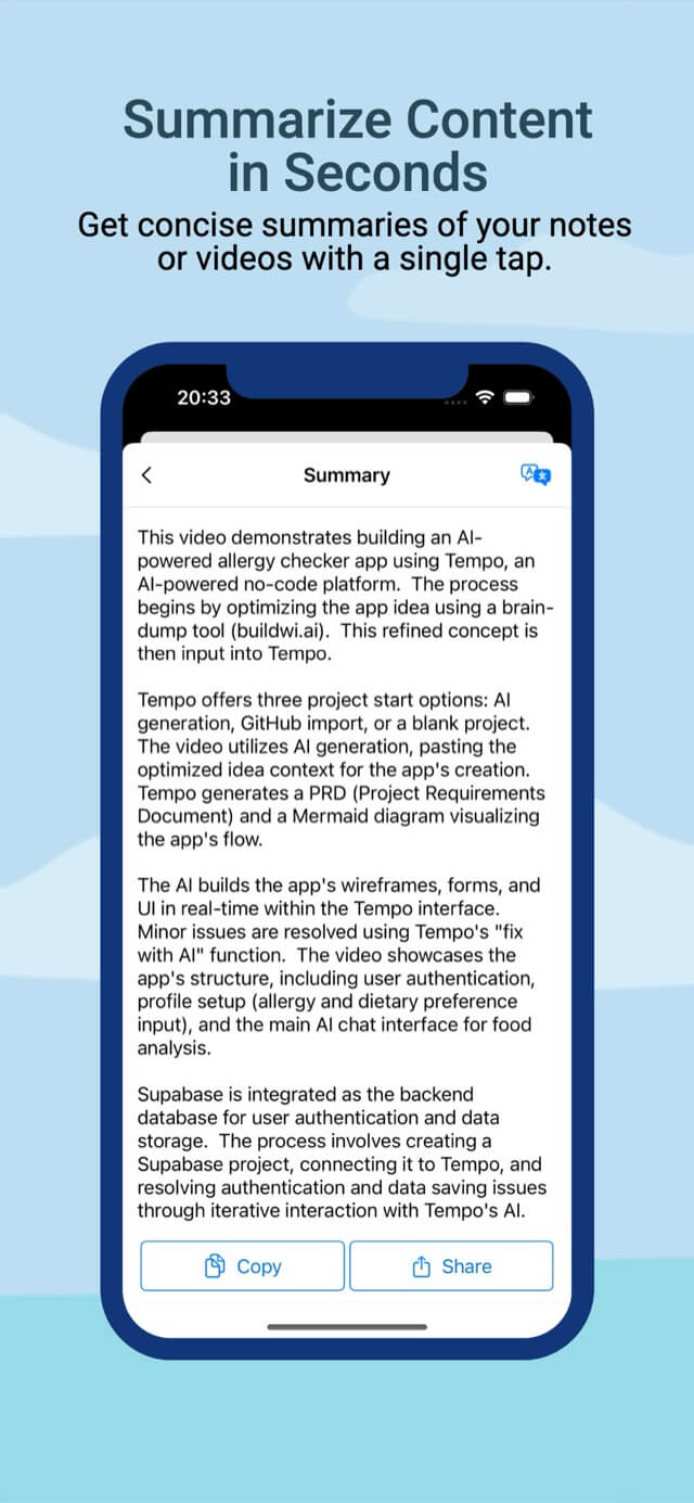 Tube Summary showing a concise summary of a video